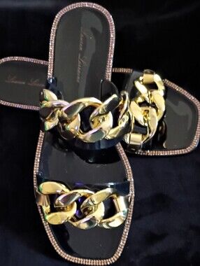 Lauren Lorraine Black Gold Chain Accent Slide Jellies Size 6